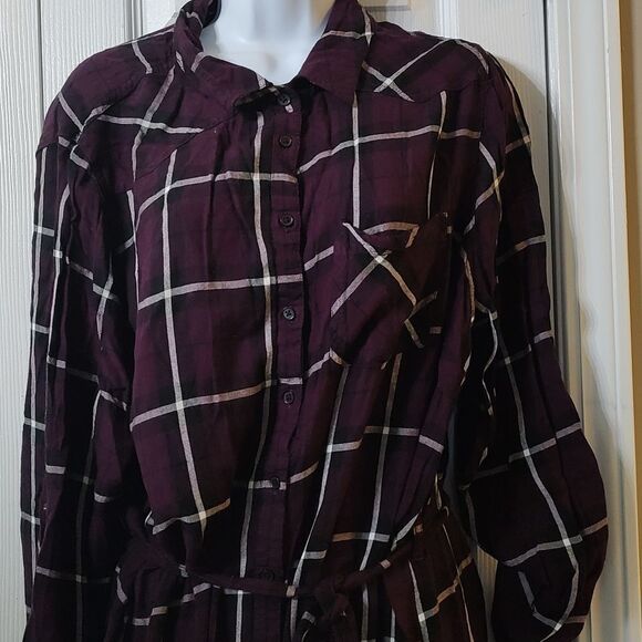 Capsule deep purple black white flannel look button down belted dress  Sz 20 - Picture 3 of 7